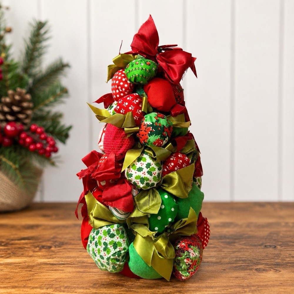 Vintage Handmade Fabric Christmas Tree Tabletop Holiday Decoration 11"